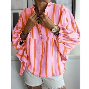Pink with Red Stripes Oversized Button Down Shirt Batwing Sleeve